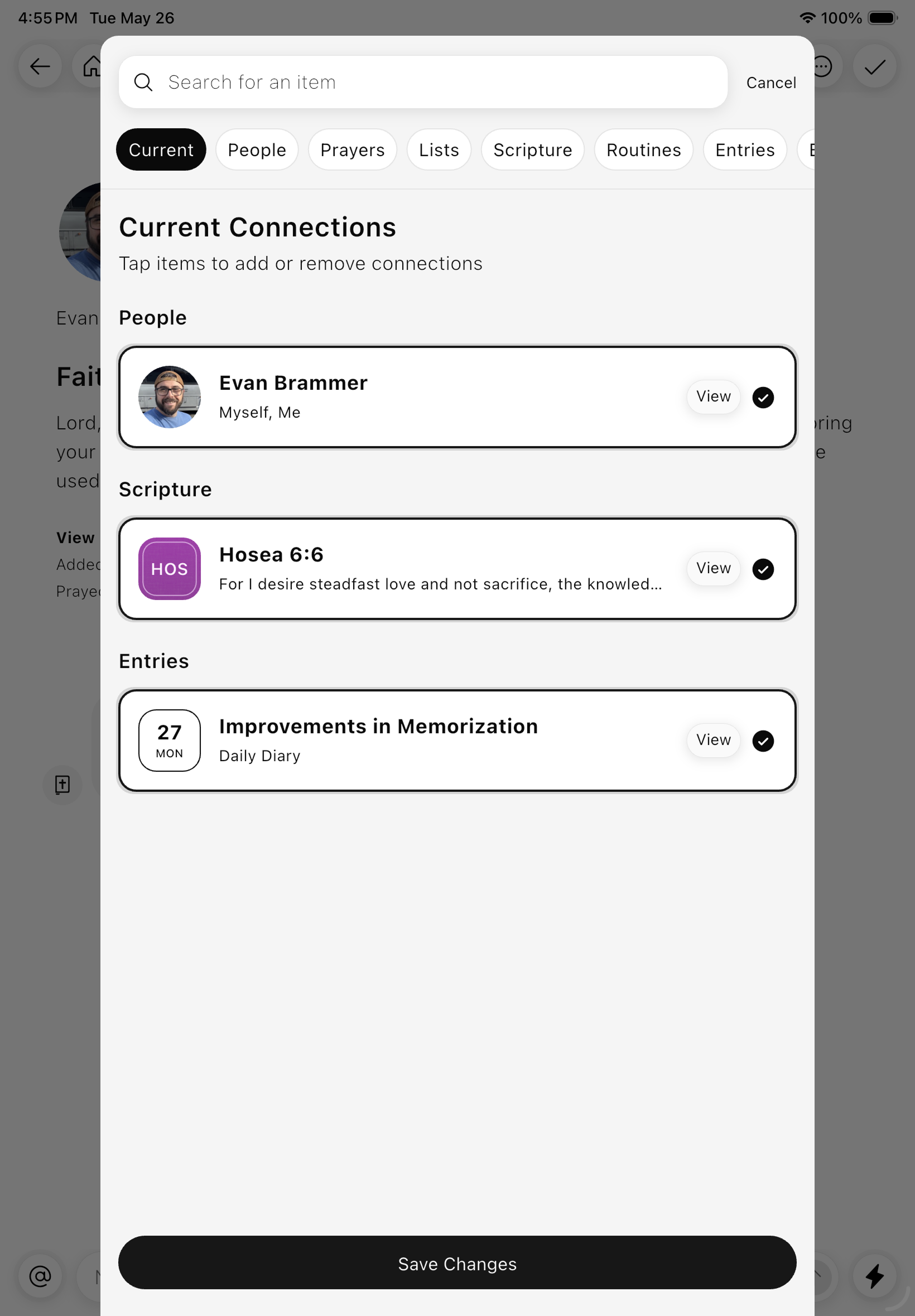 Steadfast connections screen showing related people, scripture, and entries.
