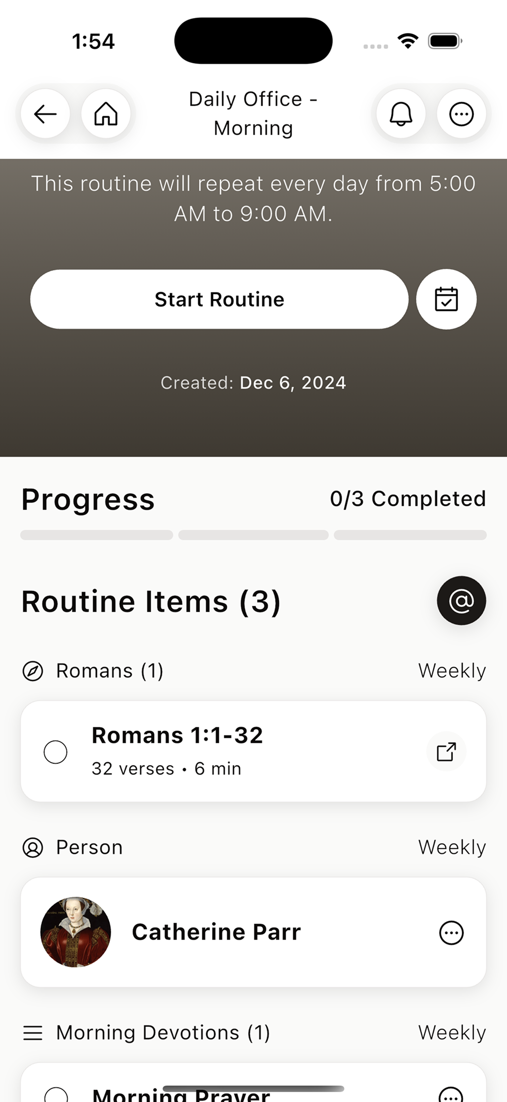 Steadfast routine screen with a list of routine items.